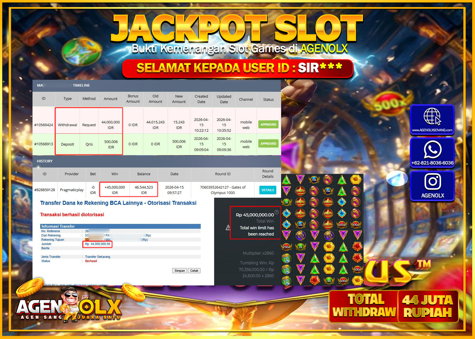 AGENOLX JACKPOT SLOT GATES OF OLYMPUS 1000  Rp 44.000.000 - LUNAS