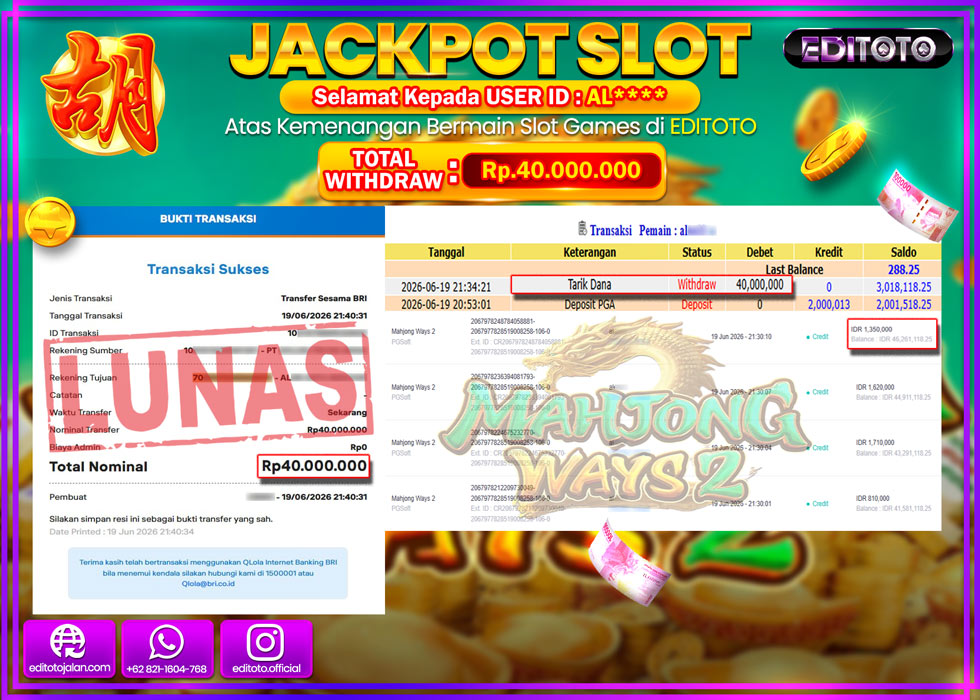 JACKPOT EDITOTO SLOT MAHJONG WAYS 2 Rp.40.000.000,- LUNAS