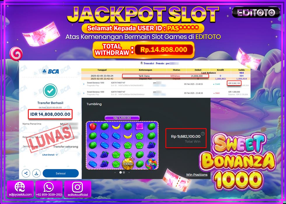 JACKPOT SLOT SWEET BONANZA 1000  Rp.14.808.000.,- LUNAS