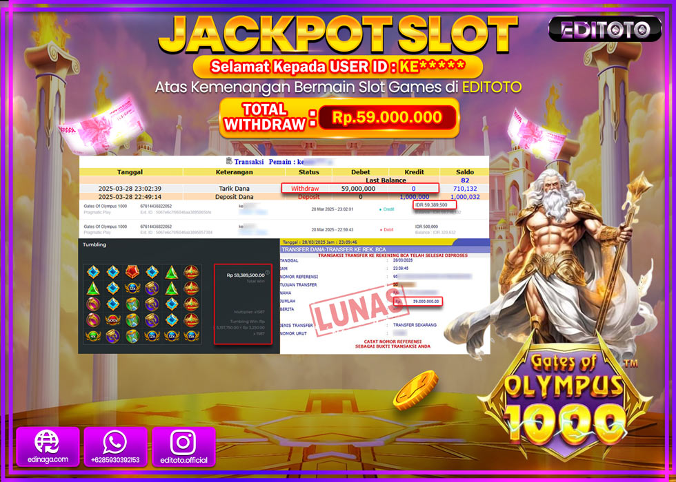 JACKPOT SLOT GATES OF OLYMPUS 1000 Rp.59.000.000.,- LUNAS