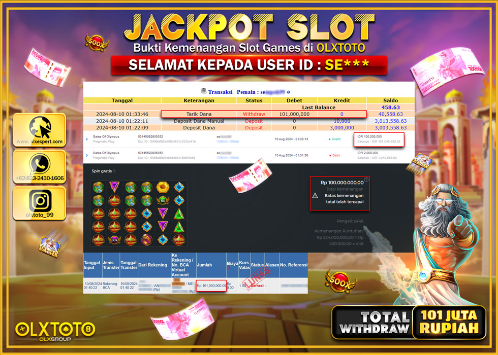 OLXTOTO JACKPOT  SLOT GATES OF OLYMPUS Rp.101.000.000.,- LUNAS