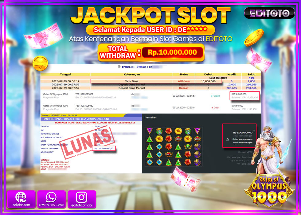 JACKPOT EDITOTO SLOT GATES OF OLYMPUS 1000 Rp.10.000.000,- LUNAS 