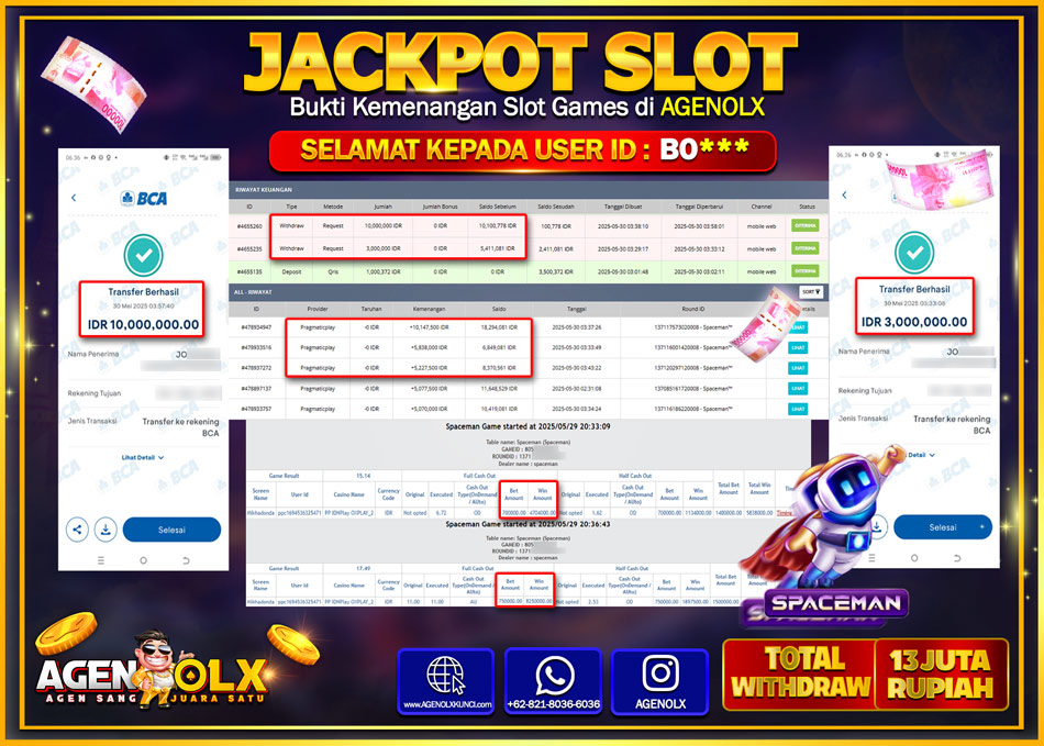 AGENOLX JACKPOT SLOT SPACEMAN  Rp 13.000.000,- LUNAS