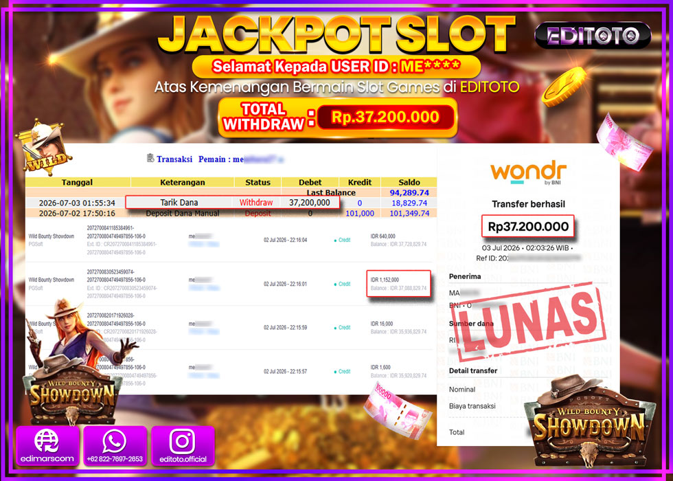 JACKPOT EDITOTO SLOT WILD BOUNTY SHOWDOWN Rp.37.200.000,- LUNAS