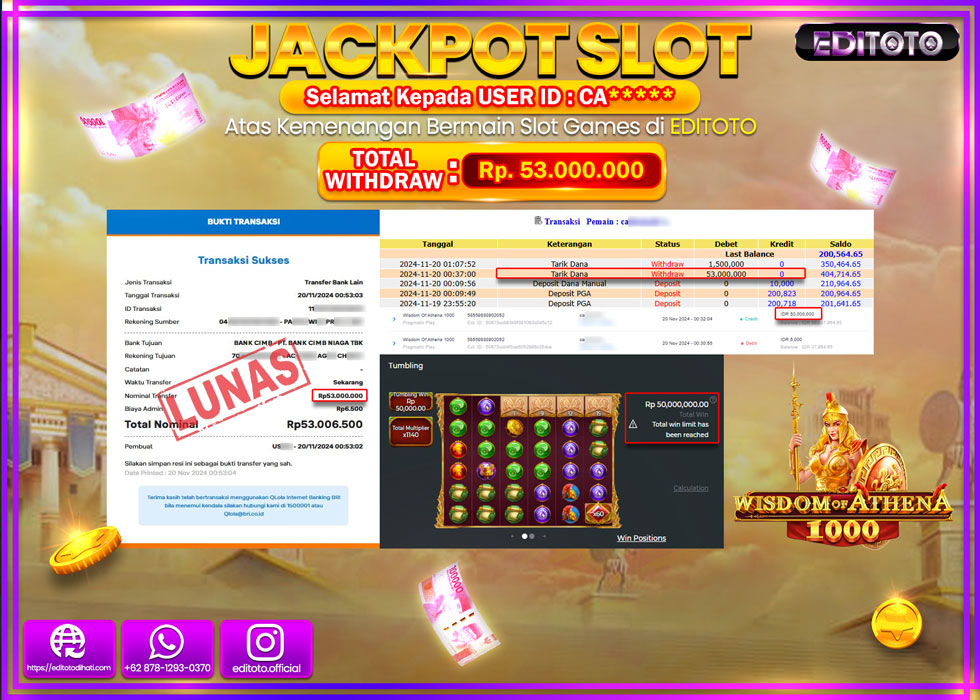 JACKPOT SLOT WISDOM OF ANTHENA 1000 Rp.53.000.000.,- LUNAS