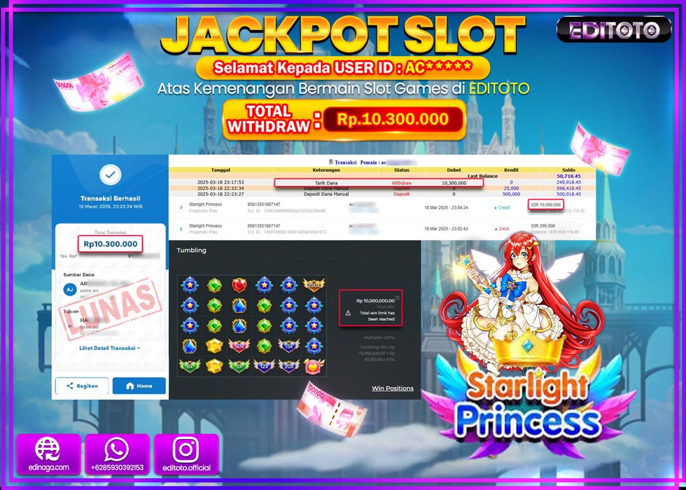 JACKPOT SLOT STARLIGHT PRINCESS  Rp.10.300.000.,- LUNAS