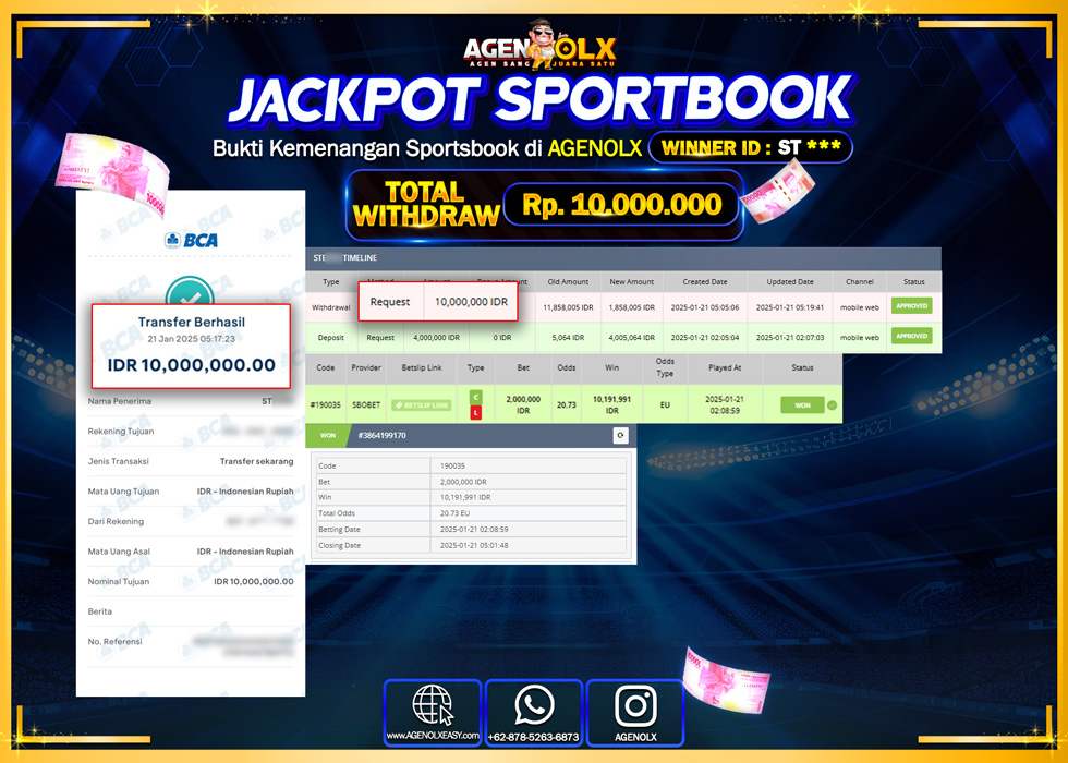 AGENOLX JACKPOT LIVE SPORTBOOK  Rp 10.000.000,- LUNAS