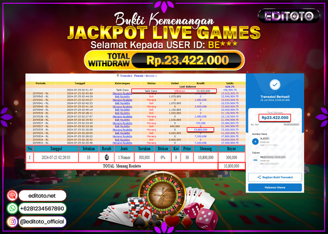 JACKPOT LIVE GAME EDITOTO ROULETTE Rp.23.422.000.,- LUNAS