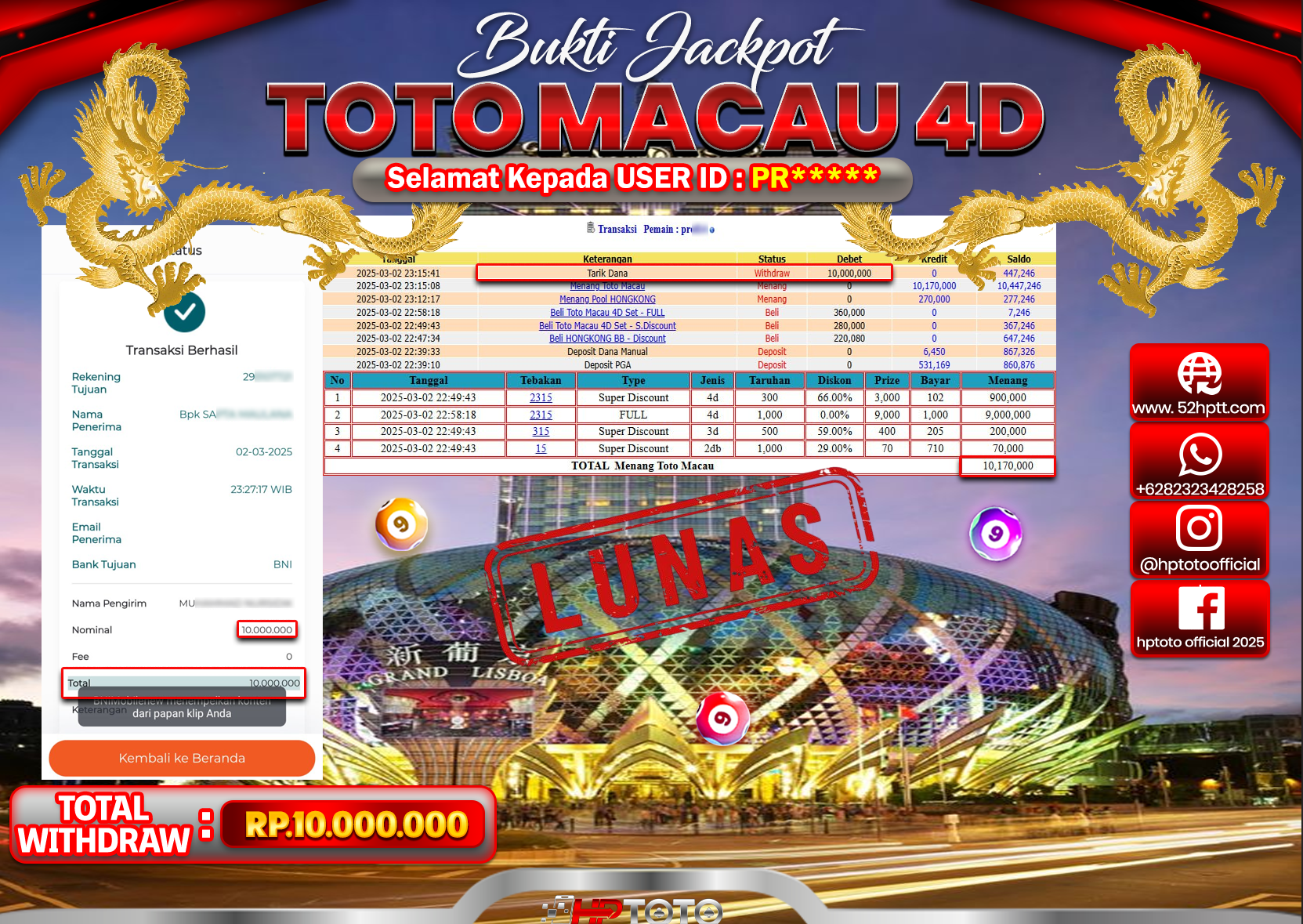 HPTOTO JACKPOT TOGEL PASARAN TOTO MACAU Rp.10.000.000,- LUNAS