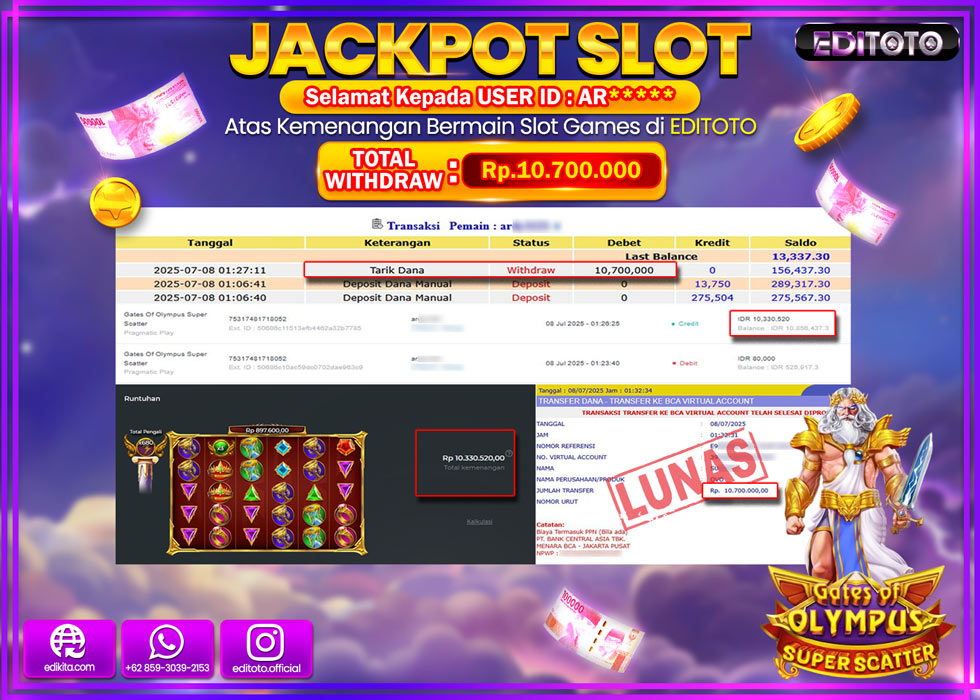 JACKPOT EDITOTO SLOT GATES OF OLYMPUS SUPER SCATTER Rp.10.700.000,- LUNAS 