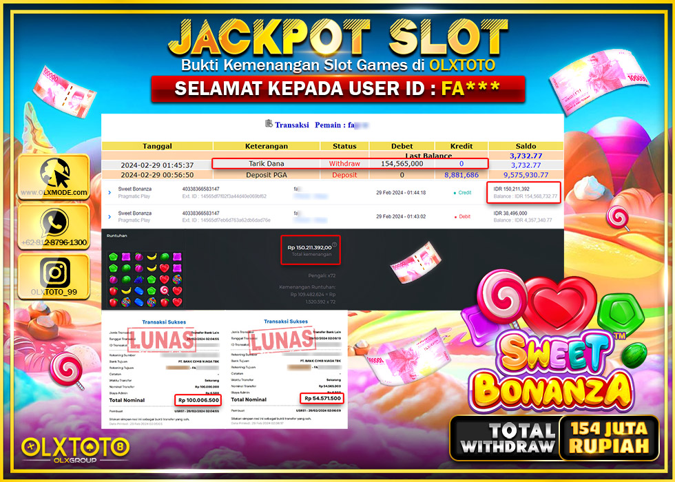 OLXTOTO JACKPOT SLOT SWEET BONANZA Rp.154.565.000.,- LUNAS