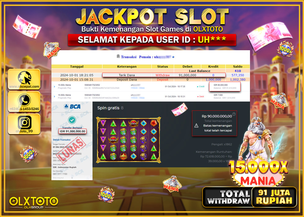 OLXTOTO JACKPOT  SLOT 15.000x MANIA Rp.91.000.000.,- LUNAS