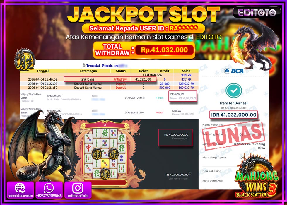 JACKPOT EDITOTO SLOT MAHJONG WINS 3 - BLACK SCATTER Rp.41.032.000,- LUNAS