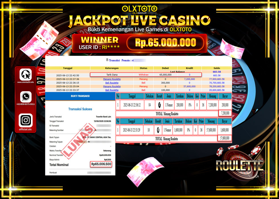 BONDAN69 JACKPOT LIVE GAMES ROULETTE  Rp.65.000.000.,- LUNAS