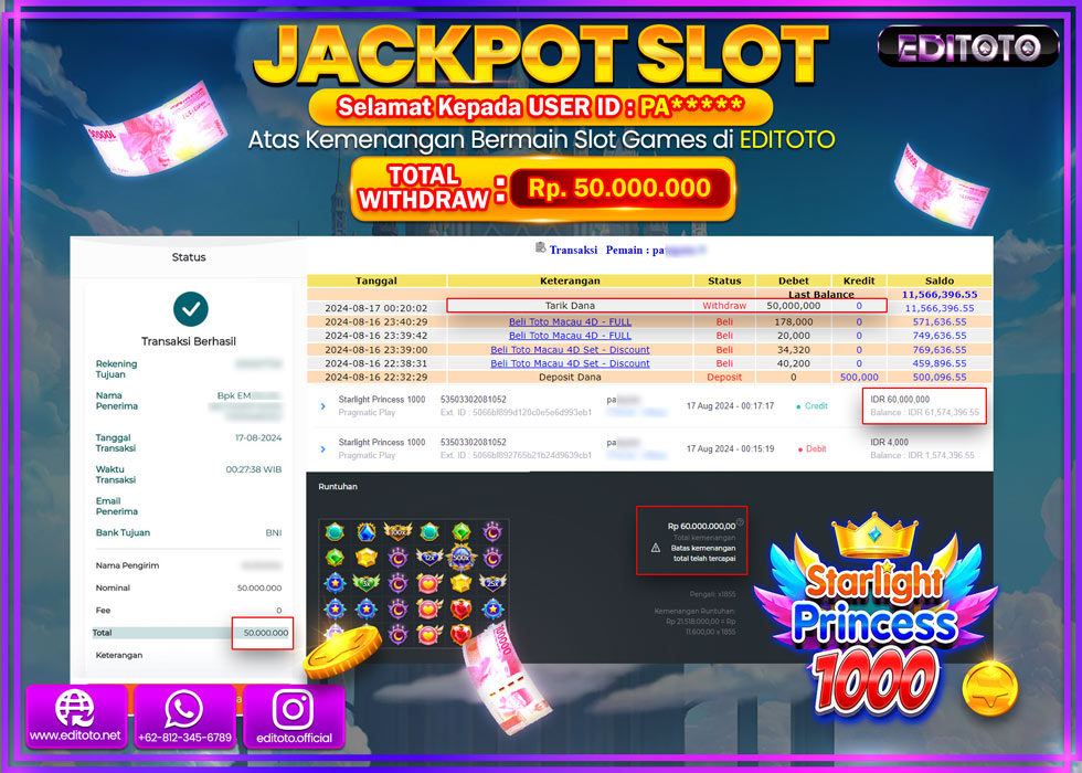 JACKPOT SLOT STARLIGHT PRINCESS 1000 Rp.50.000.000.,- LUNAS