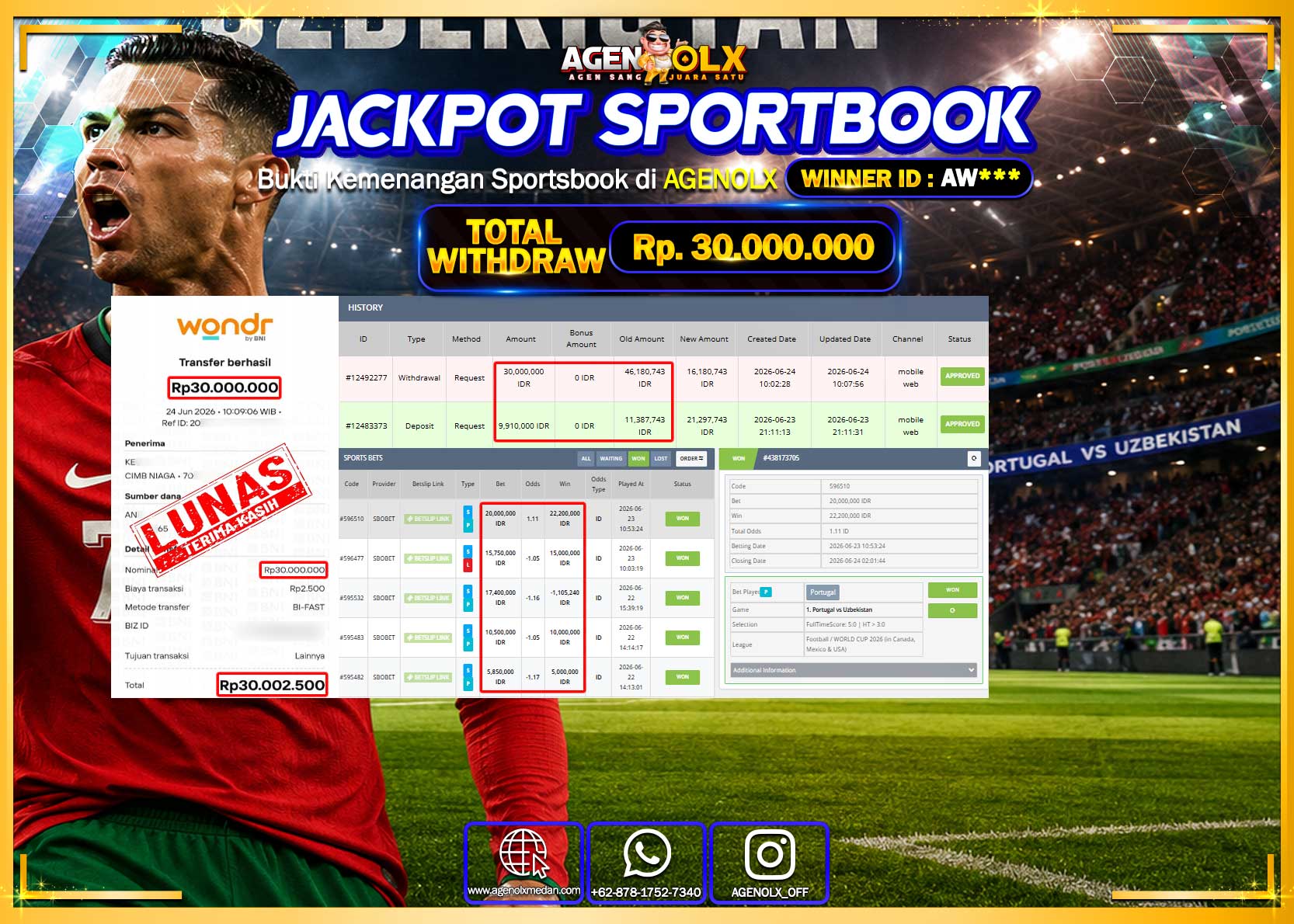 AGENOLX JACKPOT SPORTBOOK SBOBET Rp 30.000.000- LUNAS