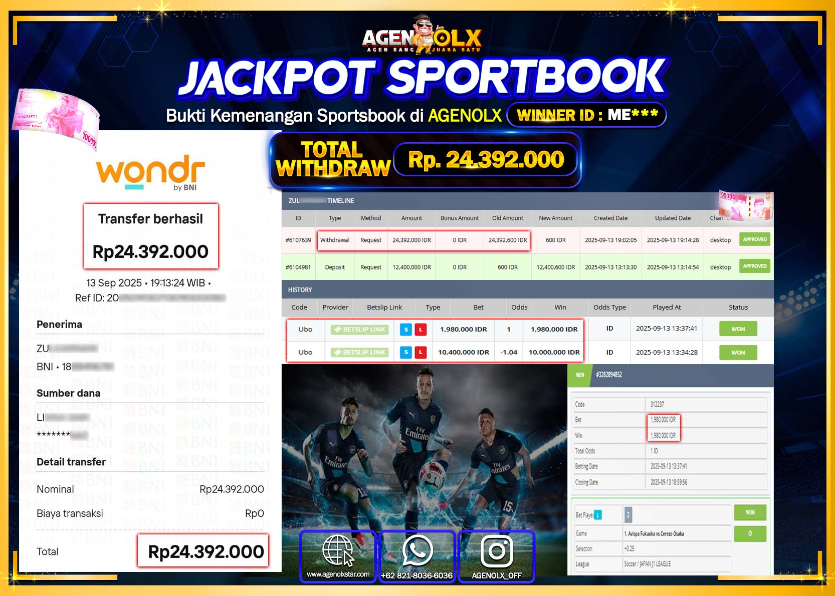 AGENOLX JACKPOT  SPORTBOOK   Rp 24,392,000,- LUNAS