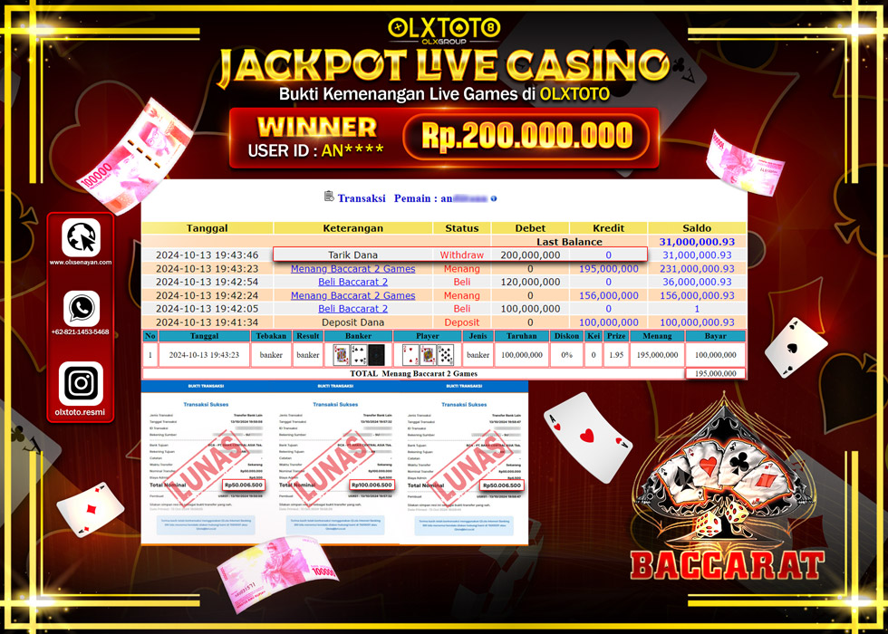 OLXTOTO JACKPOT  LIVE GAMES BACCARAT 2  Rp.200.000.000.,- LUNAS