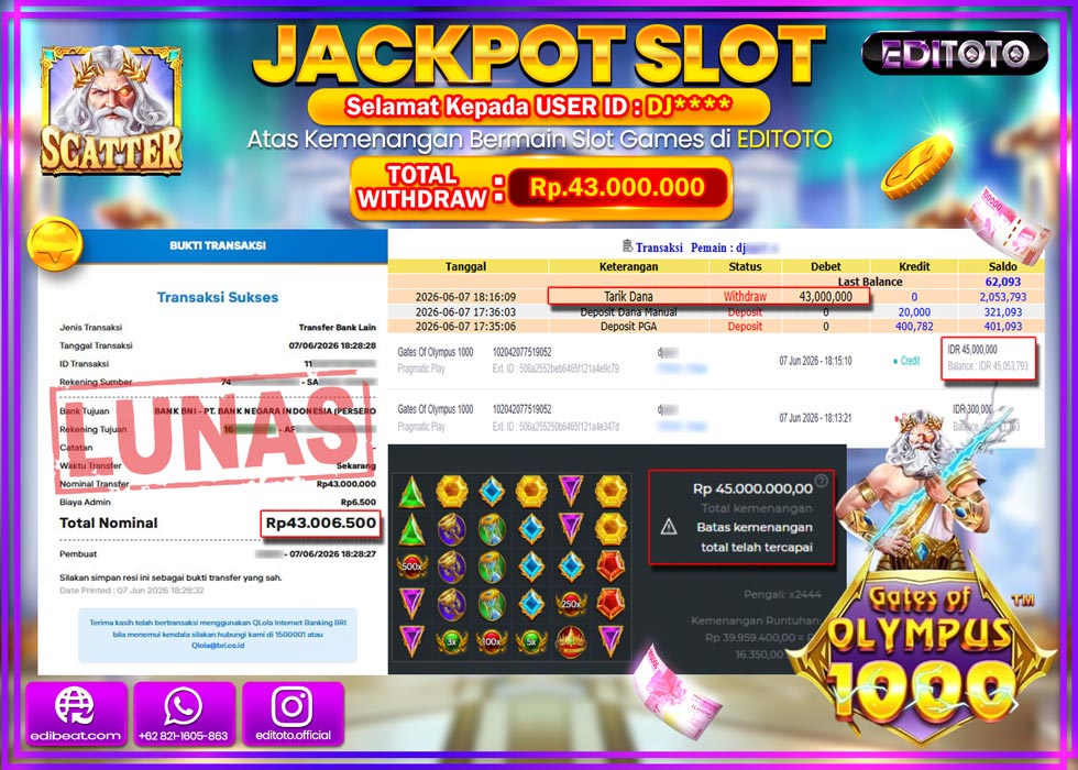 JACKPOT EDITOTO SLOT GATES OF OLYMPUS 1000 Rp.43.000.000,- LUNAS