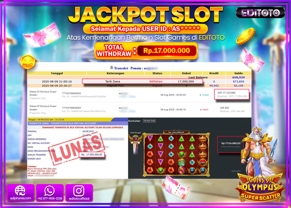 JACKPOT EDITOTO SLOT GATES OF OLYMPUS SUPER SCATTER Rp.17.000.000,- LUNAS 