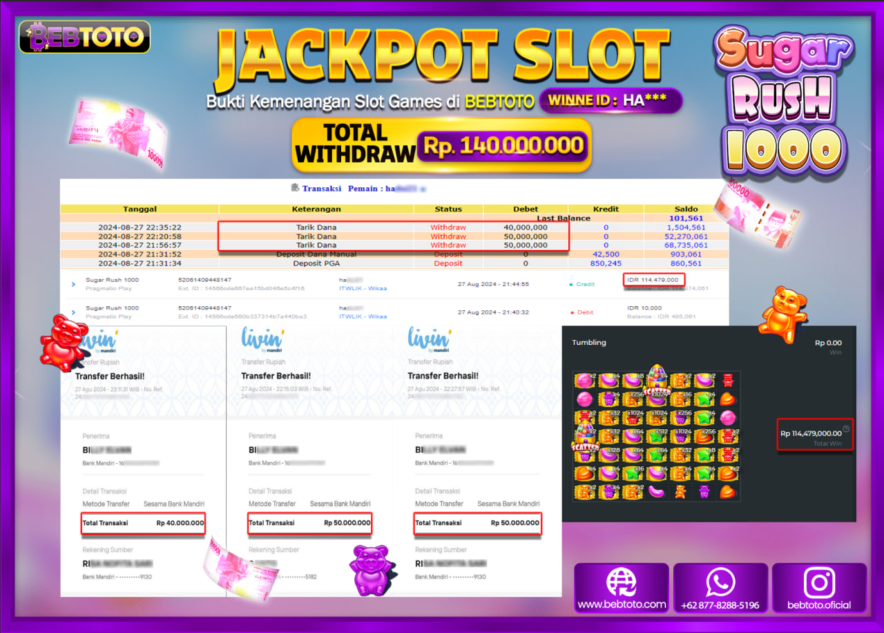 JACKPOT SLOT BEBTOTO SUGAR RUSH 1000 Rp.140.000.000.,- LUNAS