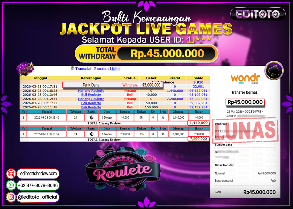 JACKPOT EDITOTO LIVE GAMES ROULETTE Rp. 45.000.000.,- LUNAS