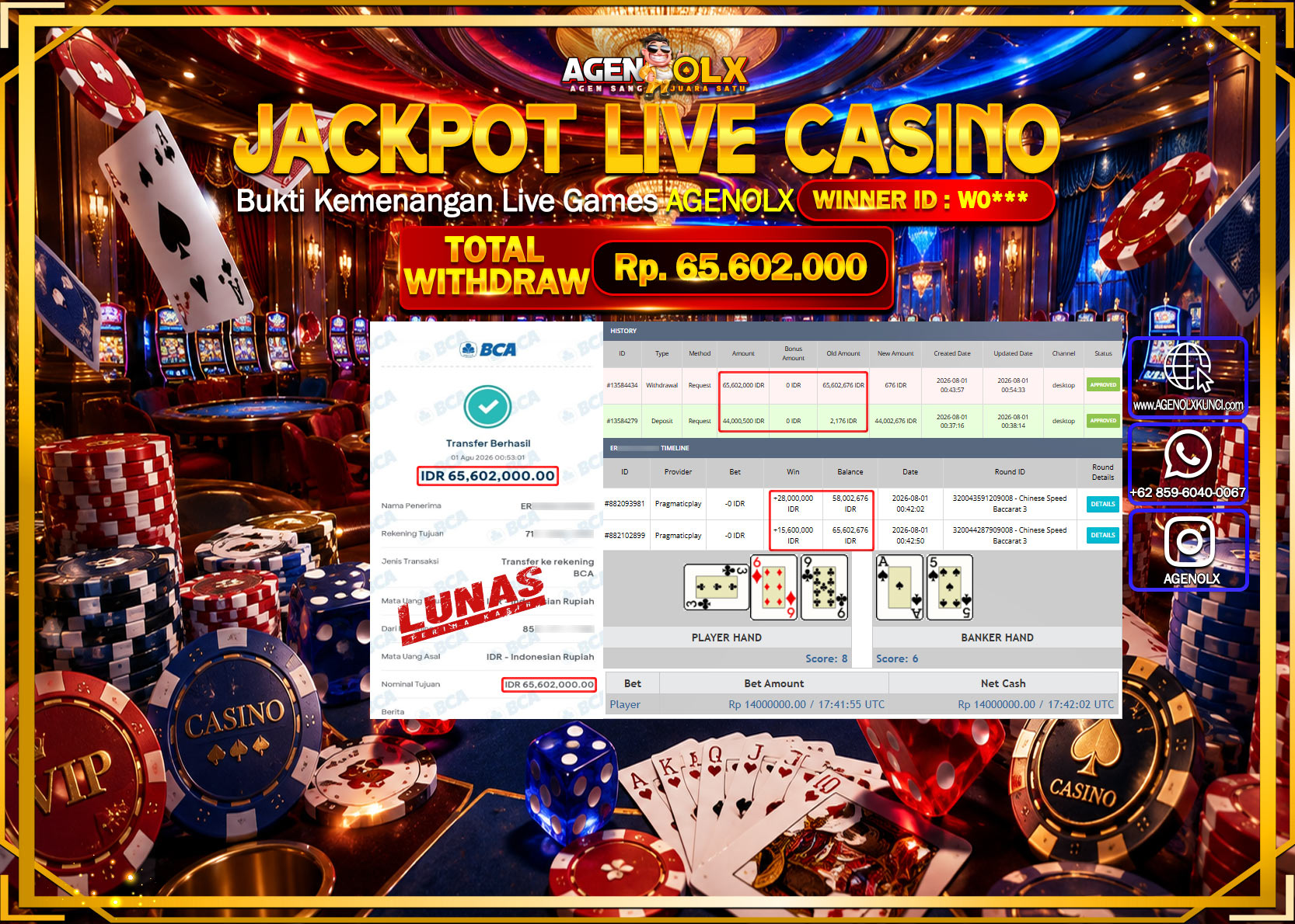 AGENOLX JACKPOT LIVE CASSINO CHINEESE SPEED BACCARAT 3   Rp  65.602.000 -LUNAS