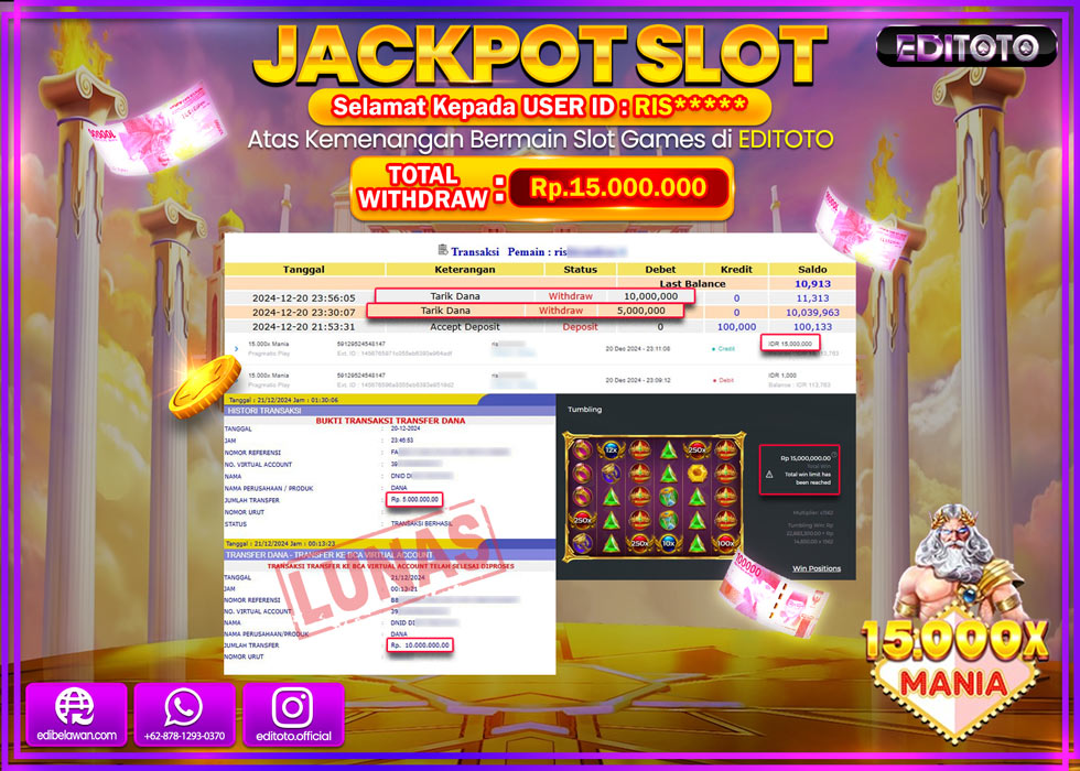 JACKPOT SLOT 15.000X MANIA Rp15.000.000.,- LUNAS