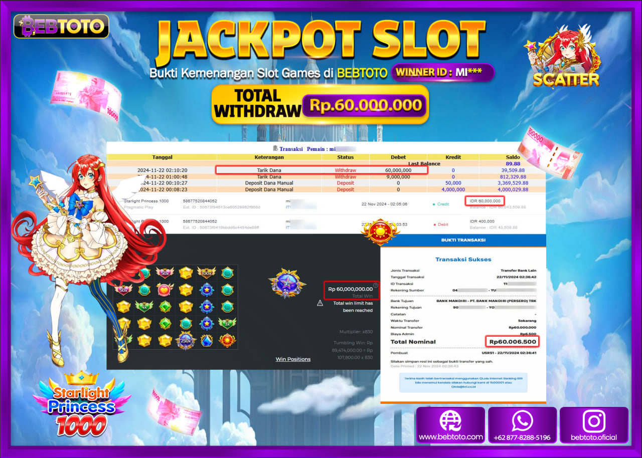 JACKPOT SLOT BEBTOTO STARLIGHT PRINCESS 1000 Rp.60.000.000.,- LUNAS