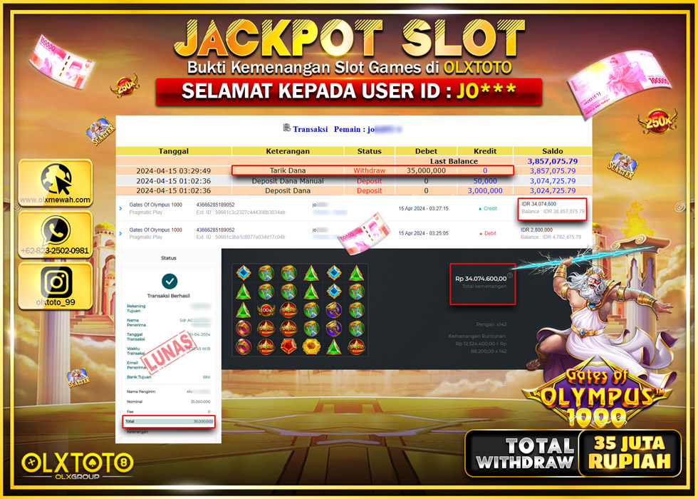 OLXTOTO JACKPOT SLOT GATE OF OLYMPUS 1000 Rp.35.000.000.,- LUNAS