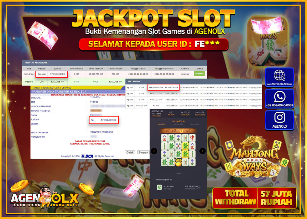AGENOLX JACKPOT SLOT MAHJONG WAYS Rp.57.000.000,- LUNAS