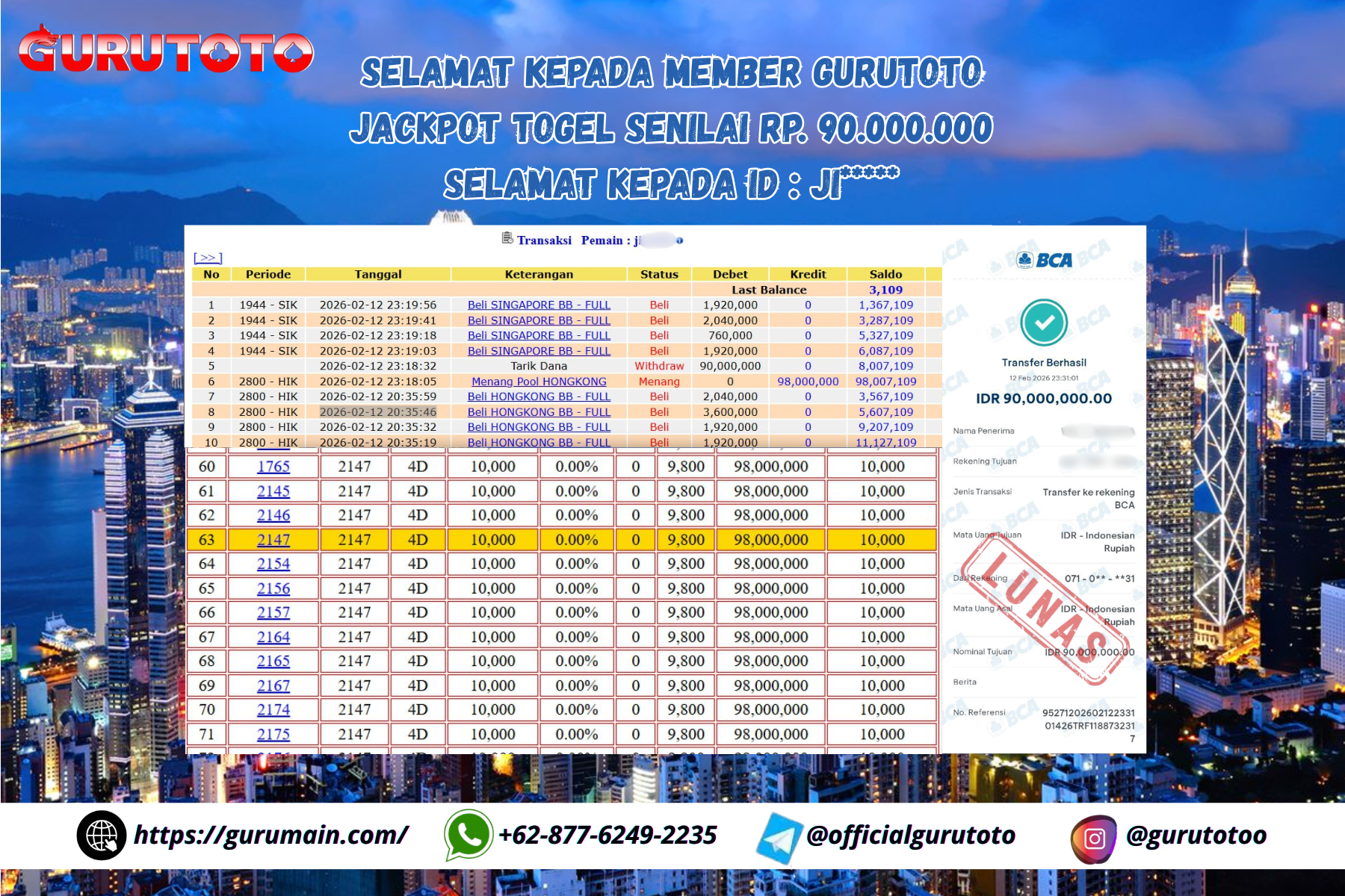 Bukti Kemenangan Rp 90.000.000 HONGKONG LOTTO di GURUTOTO !