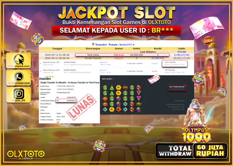 OLXTOTO JACKPOT  SLOT GATES OF OLYMPUS 1000 Rp.60.000.000.,- LUNAS