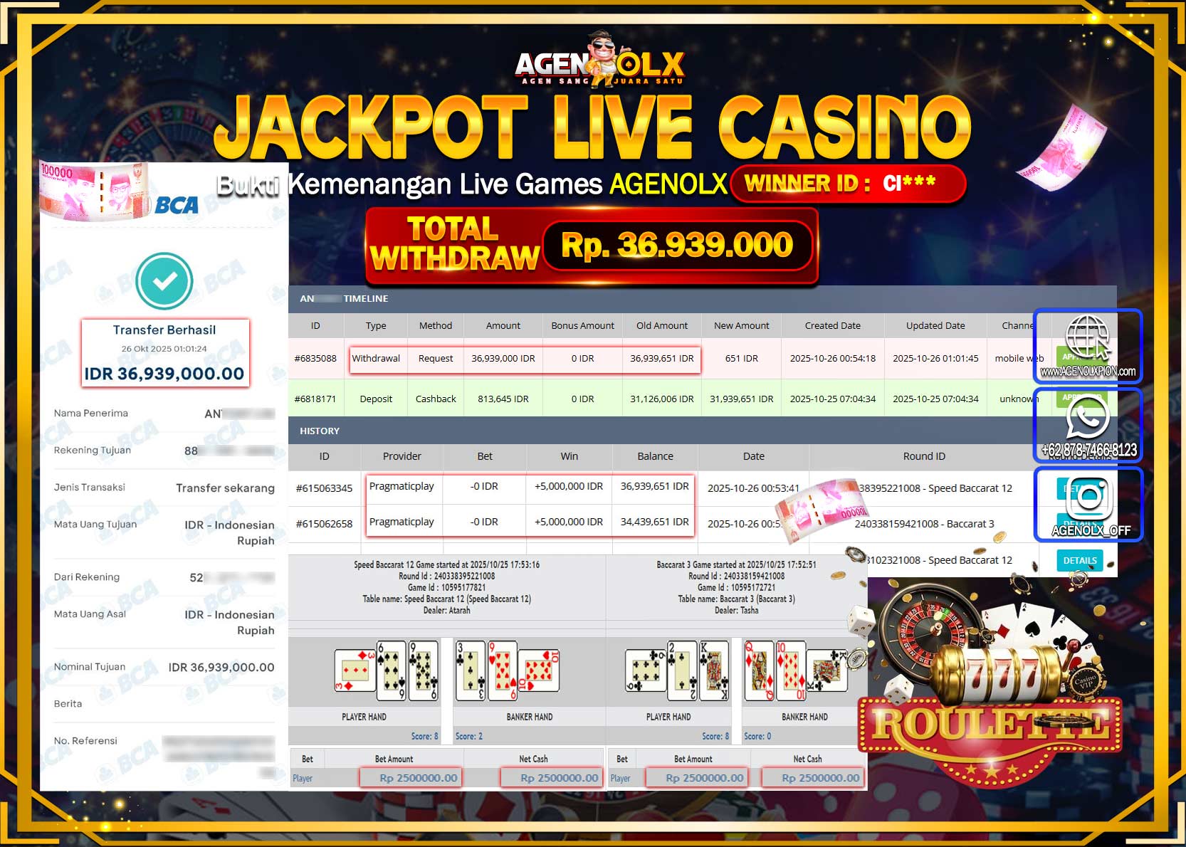 AGENOLX JACKPOT LIVE CASINO SPEED BACCARAT 12  Rp 36,939,000,- LUNAS