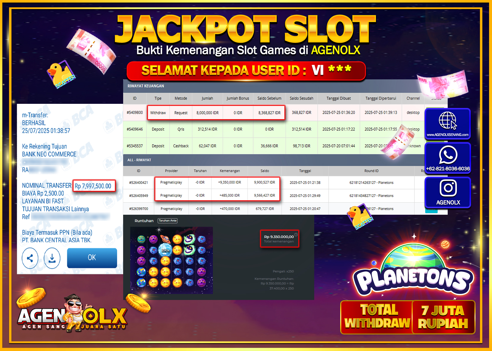 AGENOLX JACKPOT  SLOT PLANETONS Rp 7.997.500,- LUNAS