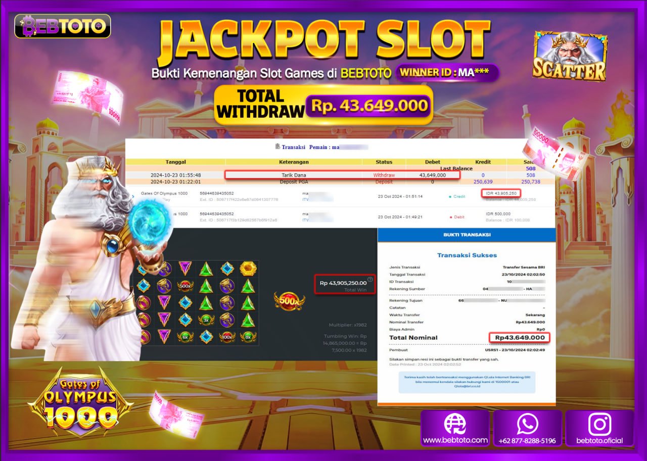 JACKPOT SLOT BEBTOTO GATES OF OLYMPUS 1000 Rp.43.649.000.,- LUNAS