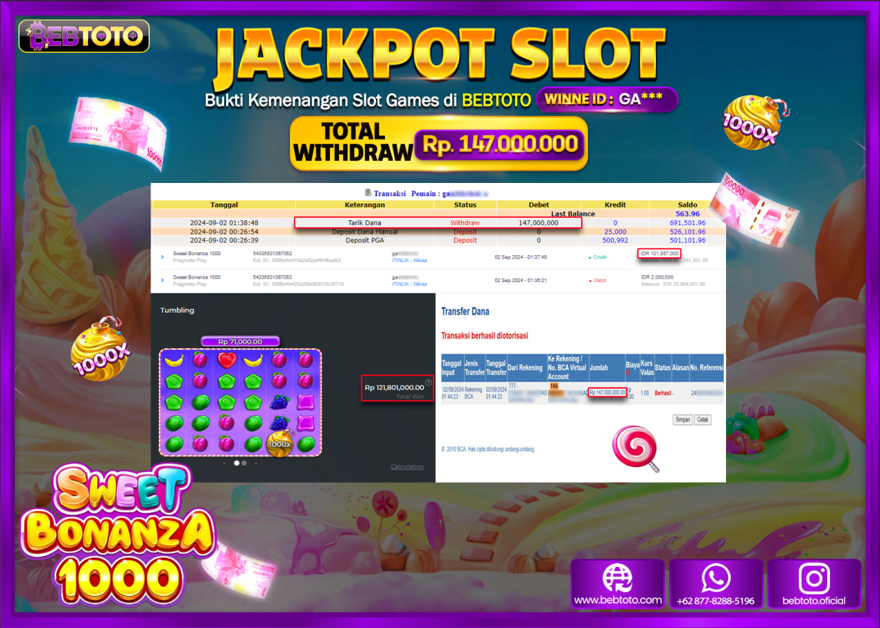 JACKPOT SLOT BEBTOTO Sweet Bonanza 1000 Rp.147.000.000.,- LUNAS