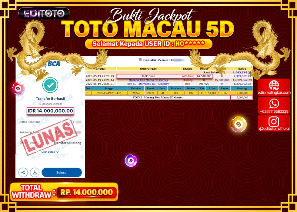 JACKPOT EDITOTO TOGEL PASARAN MACAU 5D Rp.14.000.000.,- LUNAS