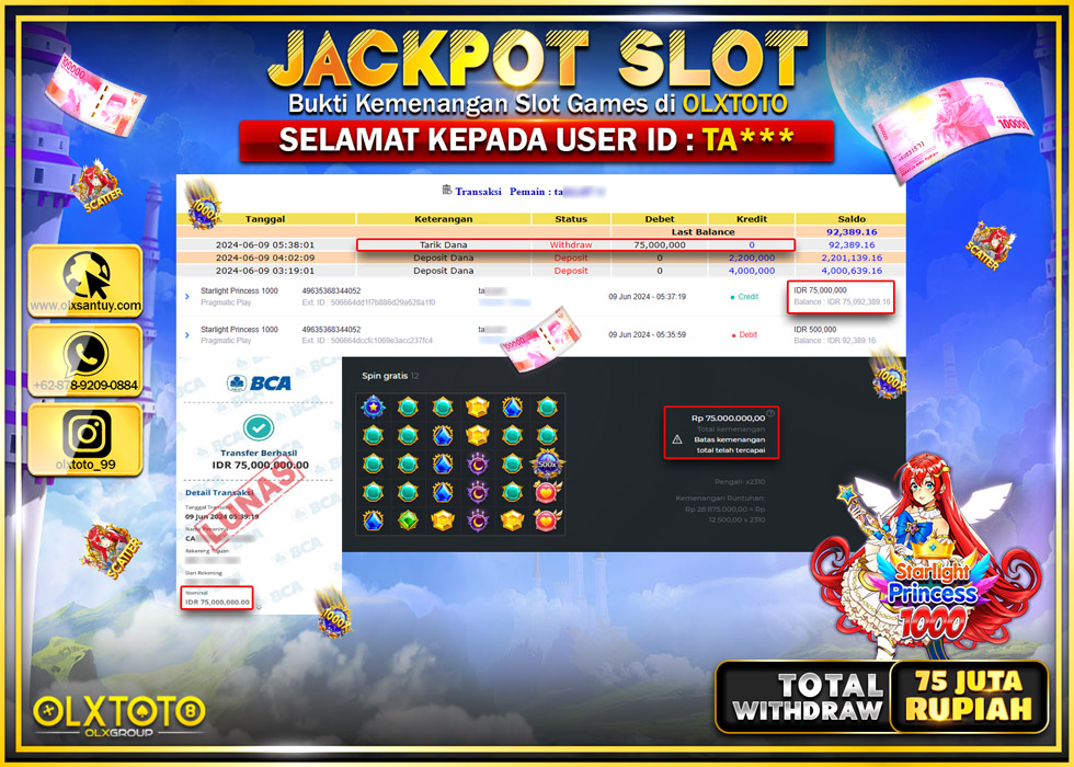 OLXTOTO JACKPOT SLOT STARLIGHT PRINCESS 1000  Rp.75.000.000.,- LUNAS