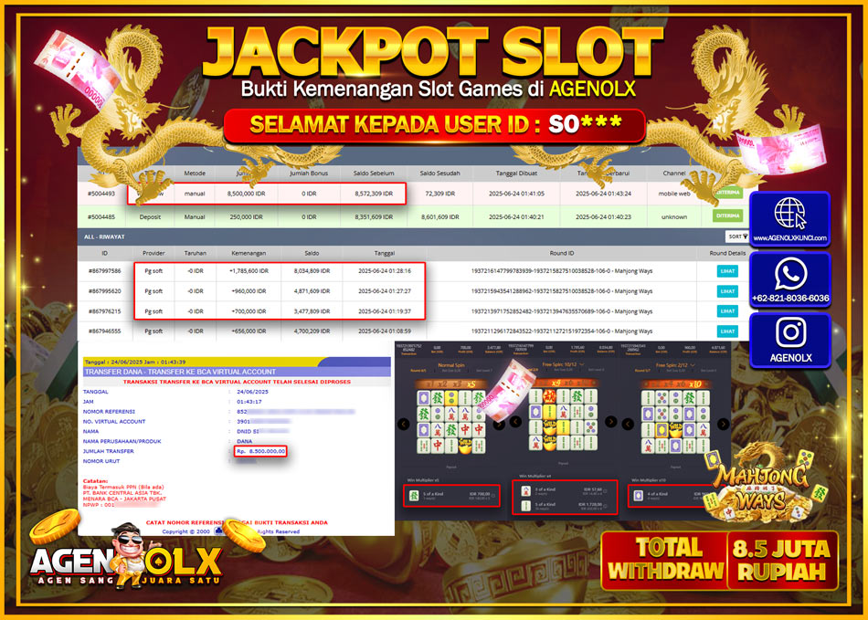 AGENOLX JACKPOT  SLOT MAHJONG WAYS   Rp 8.500.000,- LUNAS