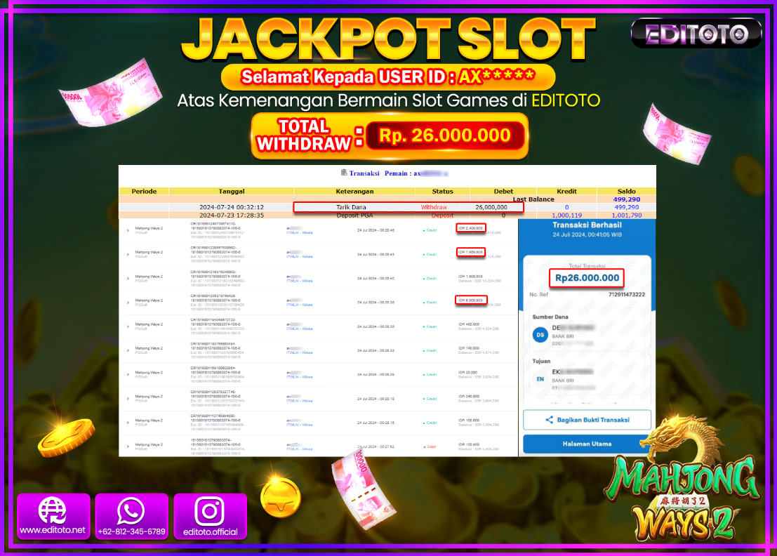 JACKPOT SLOT EDITOTO Mahjong Ways 2 Rp.26.000.000.,- LUNAS