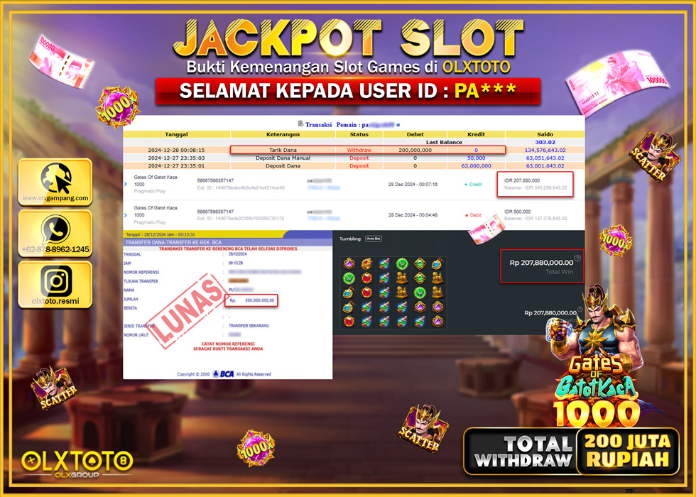 OLXTOTO JACKPOT  SLOT GATES OF GATOT KACA 1000  Rp.200.000.000.,- LUNAS