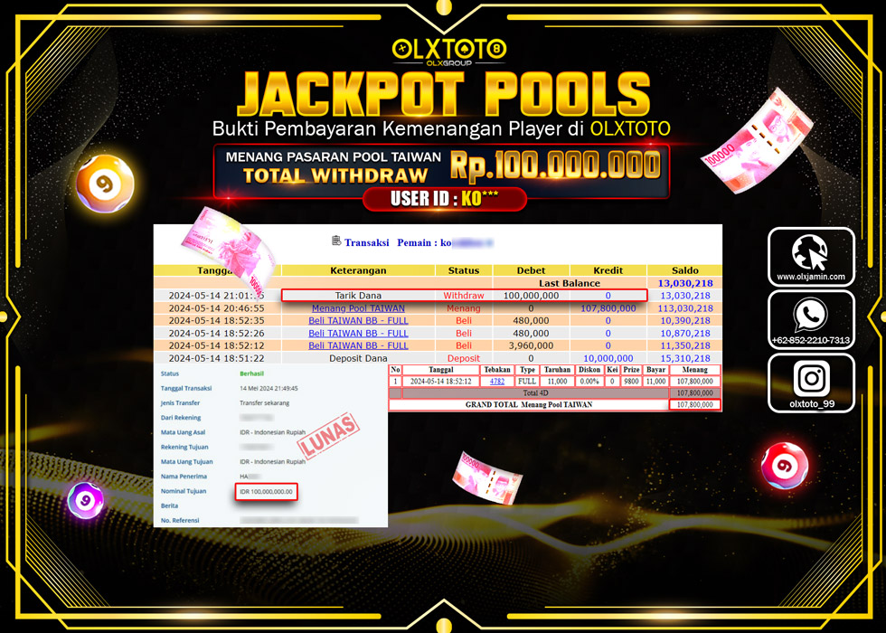 OLXTOTO JACKPOT TOGEL POOL TAIWAN  Rp.100.000.000.,- LUNAS