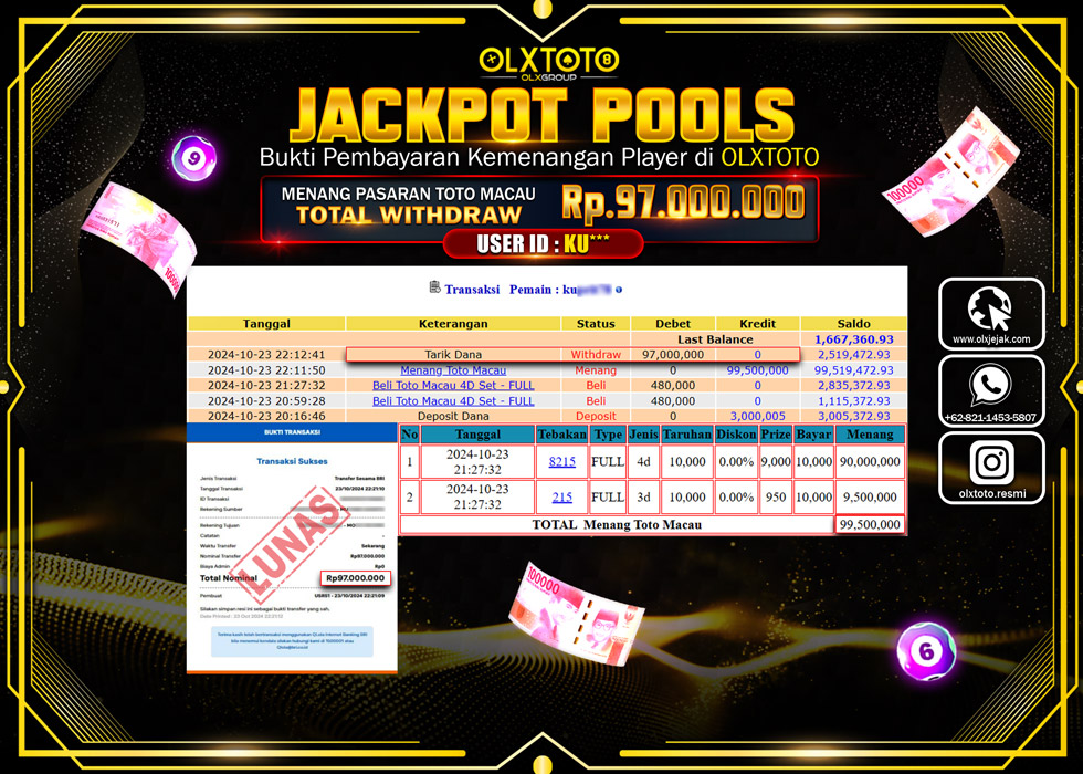 OLXTOTO JACKPOT  TOGEL POOL TOTO MACAU Rp.97.000.000.,- LUNAS
