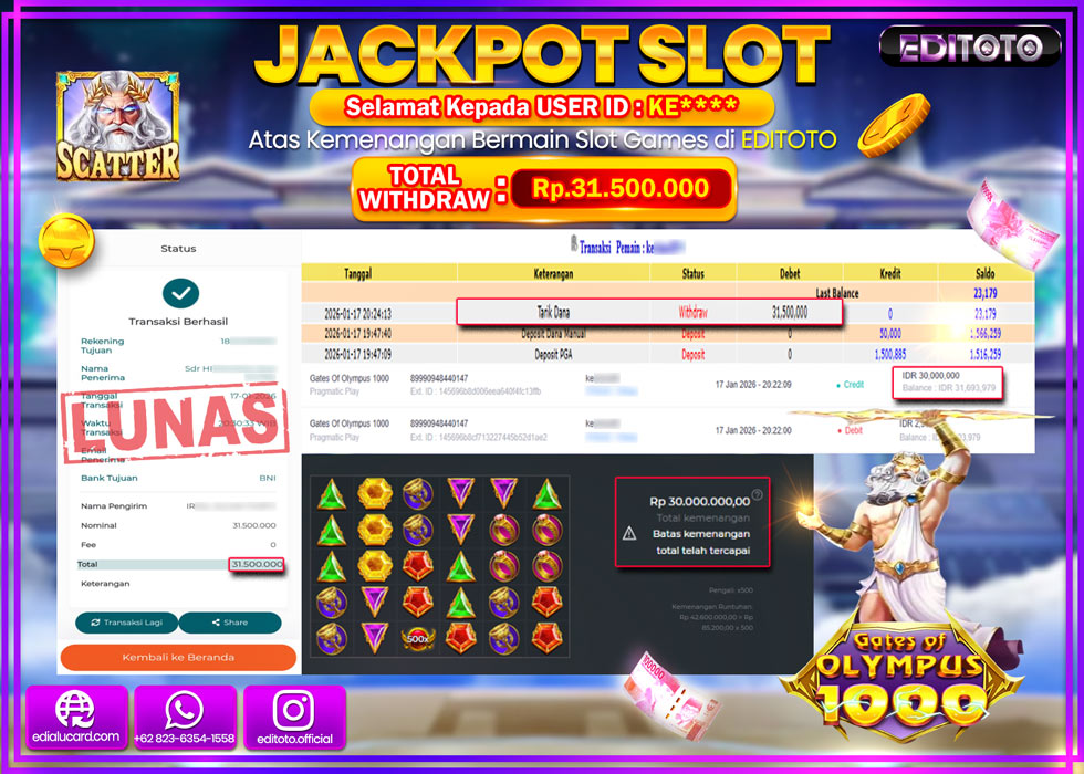 JACKPOT EDITOTO SLOT GATES OF OLYMPUS 1000  Rp.31.500.000,- LUNAS  
