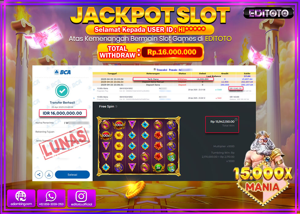 JACKPOT SLOT 15.000X MANIA Rp.16.000.000,- LUNAS