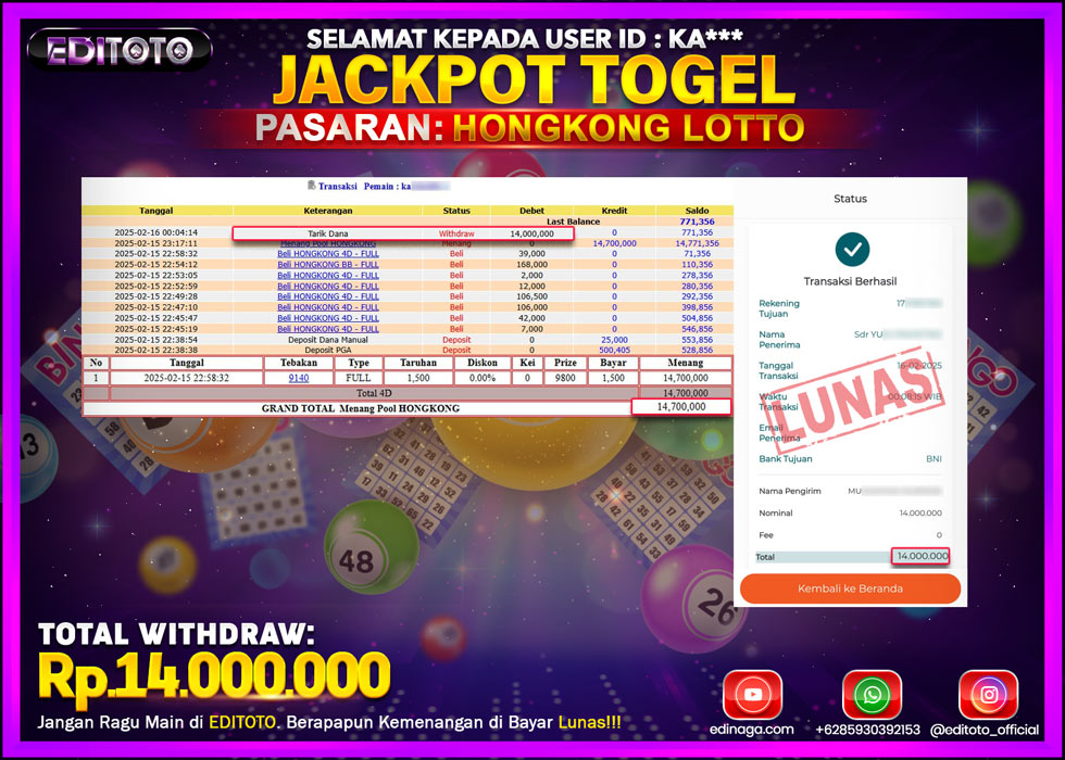 JACKPOT TOGEL PASARAN HONGKONG LOTTO Rp.14.000.000.,- LUNAS