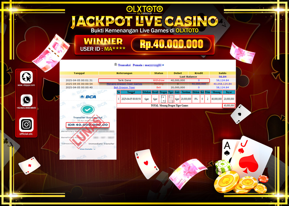BINTANGSLOT77 JACKPOT  LIVE GAMES DRAGON TIGER Rp40.000.000.,- LUNAS