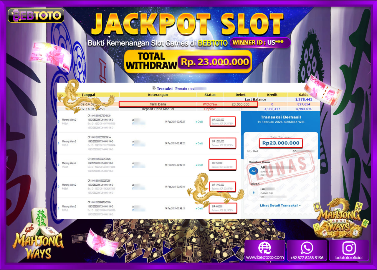 JACKPOT SLOT BEBTOTO MAHJONG WAYS Rp.23.000.000.,- LUNAS