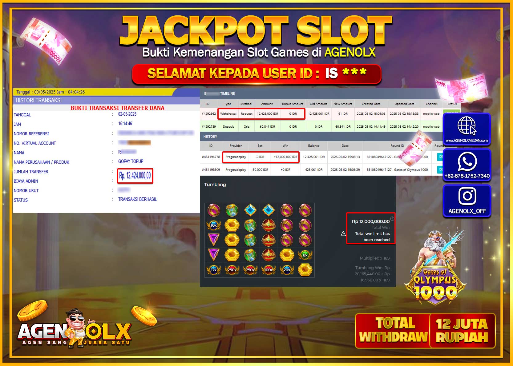 AGENOLX JACKPOT SLOT GATE OF OLYMPUS 1000 Rp 12.425.000,- LUNAS